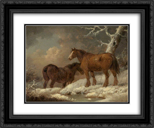 Two Horses in the Snow 24x20 Black Ornate Wood Framed Art Print Poster with Double Matting by Morland, George