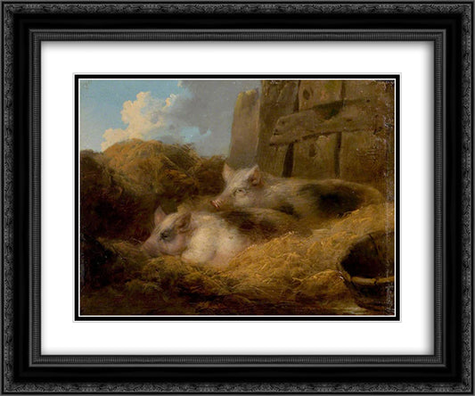 Two Pigs in Straw (Barn with Pigs) 24x20 Black Ornate Wood Framed Art Print Poster with Double Matting by Morland, George