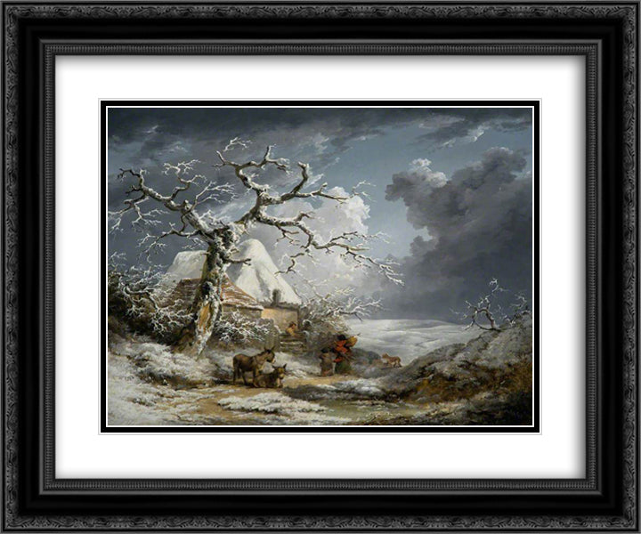 Winter Landscape with Peasants and Donkeys 24x20 Black Ornate Wood Framed Art Print Poster with Double Matting by Morland, George