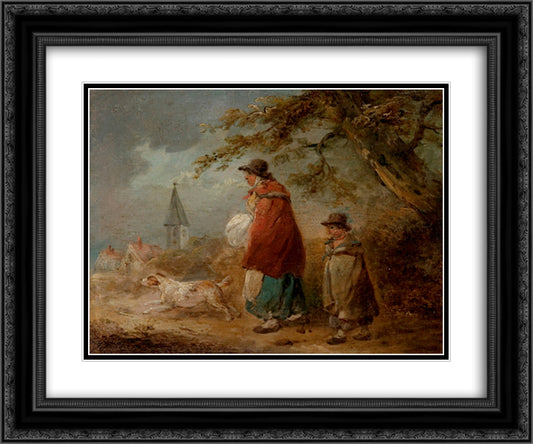 Woman, Child and Dog on a Road 24x20 Black Ornate Wood Framed Art Print Poster with Double Matting by Morland, George