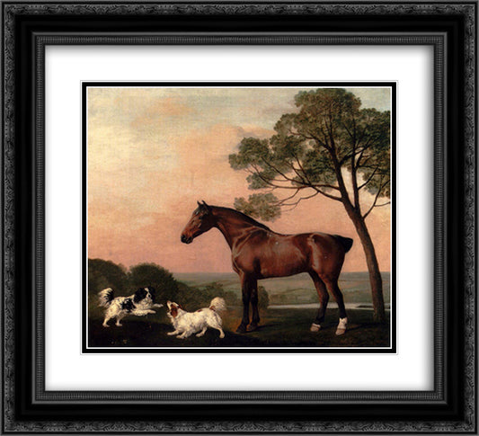 A Bay Hunter With Two Spaniels 22x20 Black Ornate Wood Framed Art Print Poster with Double Matting by Stubbs, George