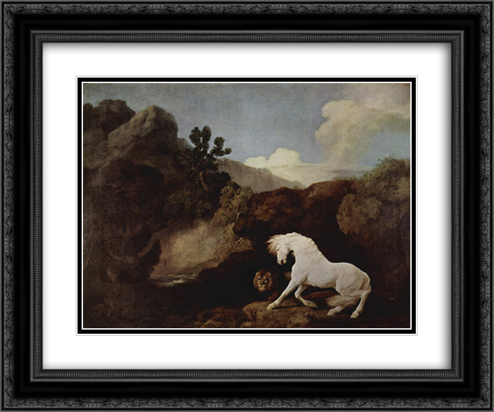 A Horse Frightened by a Lion 24x20 Black Ornate Wood Framed Art Print Poster with Double Matting by Stubbs, George