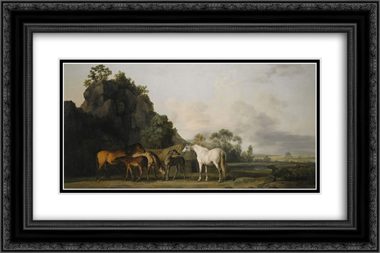 Brood Mares and Foals 24x16 Black Ornate Wood Framed Art Print Poster with Double Matting by Stubbs, George