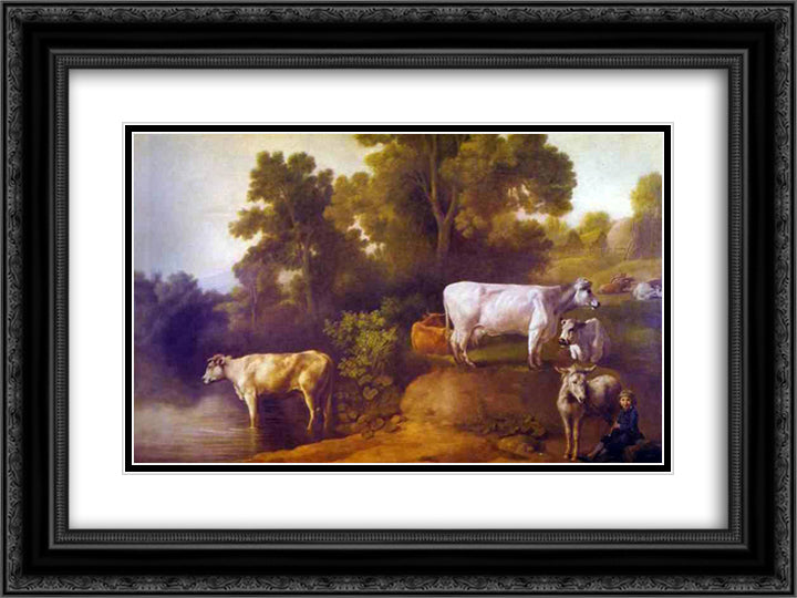 Cattle by a Stream 24x18 Black Ornate Wood Framed Art Print Poster with Double Matting by Stubbs, George