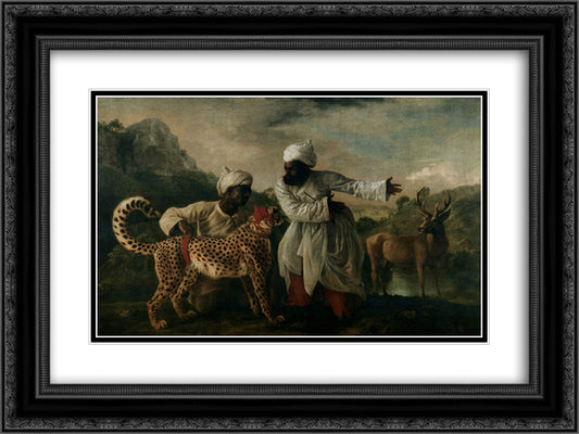 Cheetah with two Indian servants and a deer 24x18 Black Ornate Wood Framed Art Print Poster with Double Matting by Stubbs, George