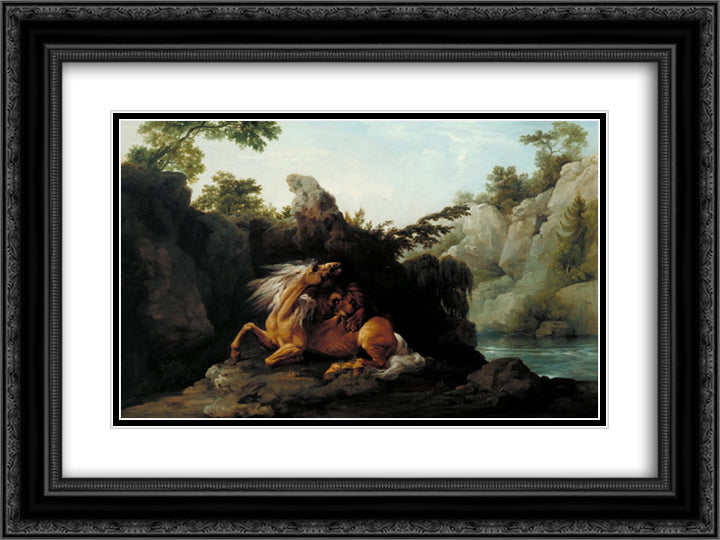 Horse Devoured by a Lion 24x18 Black Ornate Wood Framed Art Print Poster with Double Matting by Stubbs, George