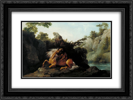 Horse Devoured by a Lion 24x18 Black Ornate Wood Framed Art Print Poster with Double Matting by Stubbs, George