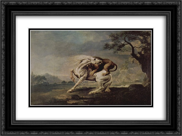 Lion Attacking a Horse 24x18 Black Ornate Wood Framed Art Print Poster with Double Matting by Stubbs, George