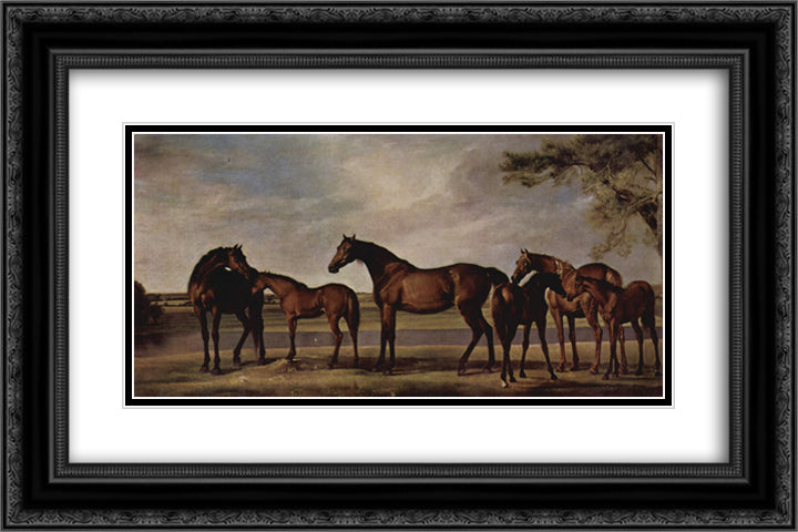 Mares and foals are anxious before a looming storm 24x16 Black Ornate Wood Framed Art Print Poster with Double Matting by Stubbs, George