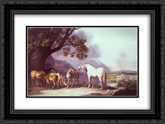 Mares and Foals in a Mountainous Landscape 24x18 Black Ornate Wood Framed Art Print Poster with Double Matting by Stubbs, George