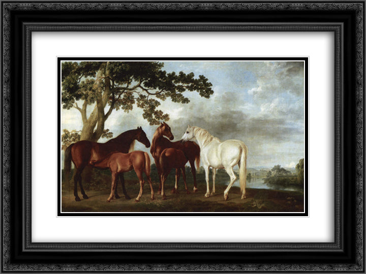 Mares and Foals in a River Landscape 24x18 Black Ornate Wood Framed Art Print Poster with Double Matting by Stubbs, George