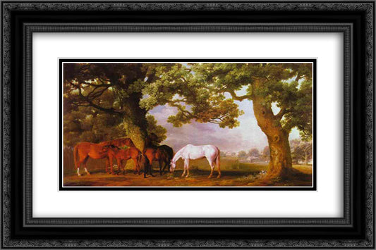 Mares and Foals in a Wooded Landscape 24x16 Black Ornate Wood Framed Art Print Poster with Double Matting by Stubbs, George