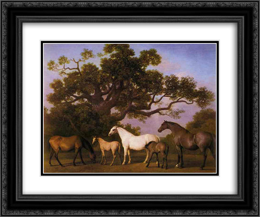 Mares and Foals under an Oak Tree 24x20 Black Ornate Wood Framed Art Print Poster with Double Matting by Stubbs, George