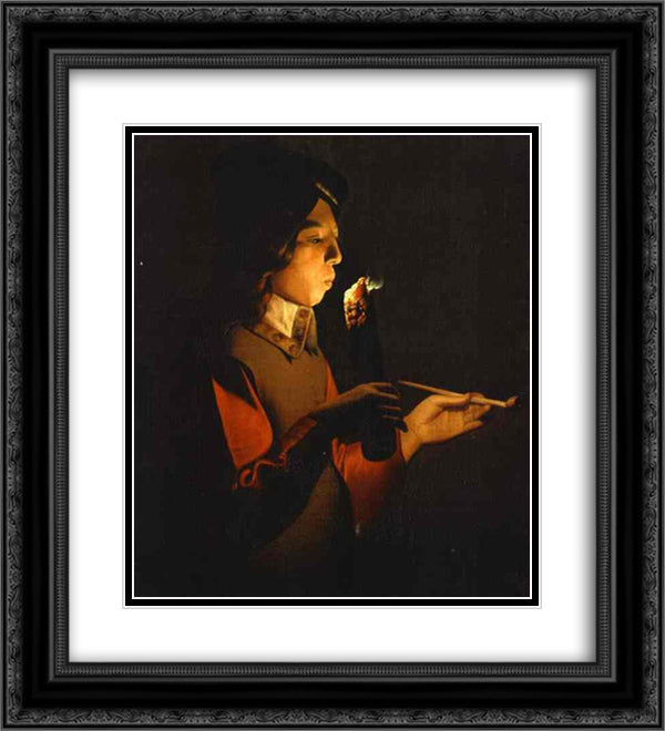 Blower with a Pipe 20x22 Black Ornate Wood Framed Art Print Poster with Double Matting by La Tour, Georges de