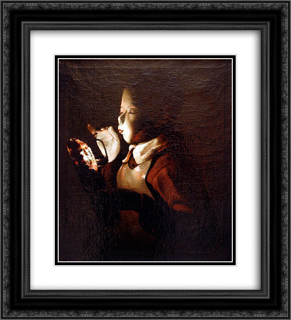 Boy Blowing at Lamp 20x22 Black Ornate Wood Framed Art Print Poster with Double Matting by La Tour, Georges de