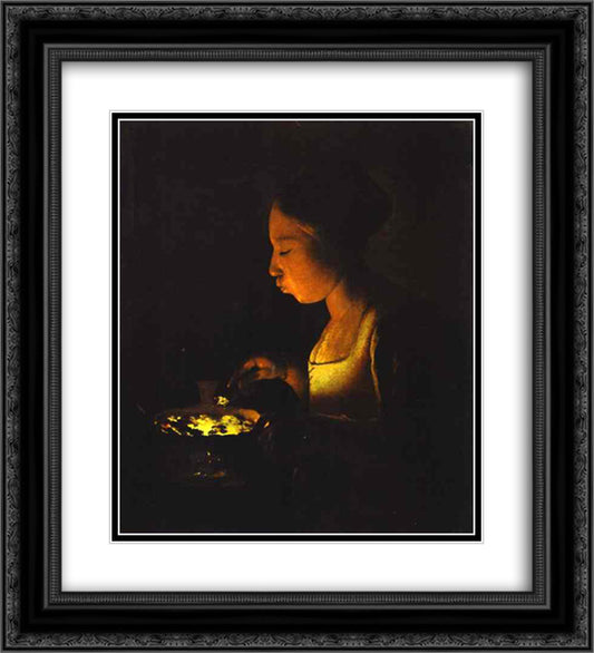 Girl with a Brazier 20x22 Black Ornate Wood Framed Art Print Poster with Double Matting by La Tour, Georges de