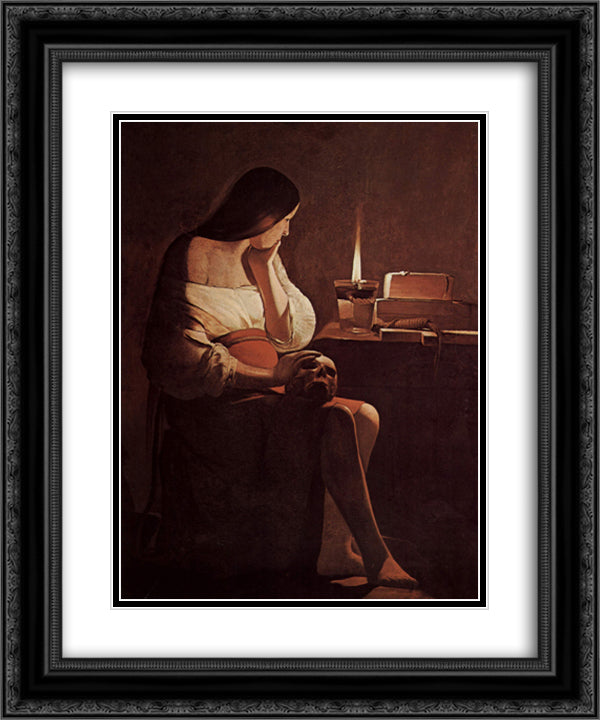 Mary Magdalene with a night light 20x24 Black Ornate Wood Framed Art Print Poster with Double Matting by La Tour, Georges de