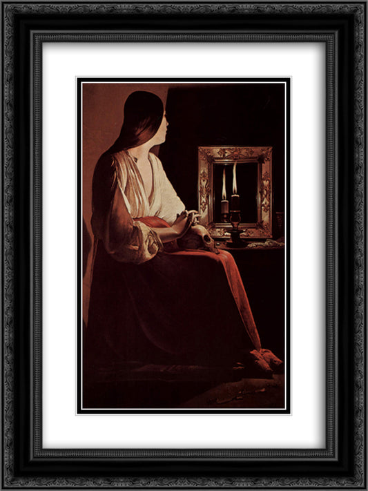 Repenting Magdalene, also called Magdalene and Two Flames 18x24 Black Ornate Wood Framed Art Print Poster with Double Matting by La Tour, Georges de