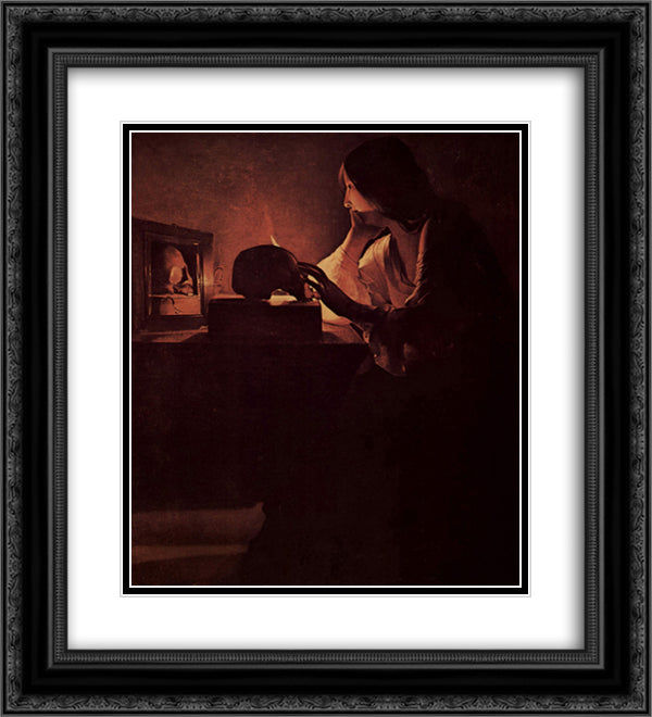 Repenting Magdalene, also called Magdalene before Mirror or Magadalene Fabius. 20x22 Black Ornate Wood Framed Art Print Poster with Double Matting by La Tour, Georges de