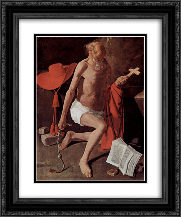 Repenting of St. Jerome, also called St. Jerome with Cardinal Hat 20x24 Black Ornate Wood Framed Art Print Poster with Double Matting by La Tour, Georges de