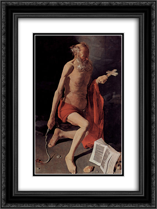 St. Jerome 18x24 Black Ornate Wood Framed Art Print Poster with Double Matting by La Tour, Georges de