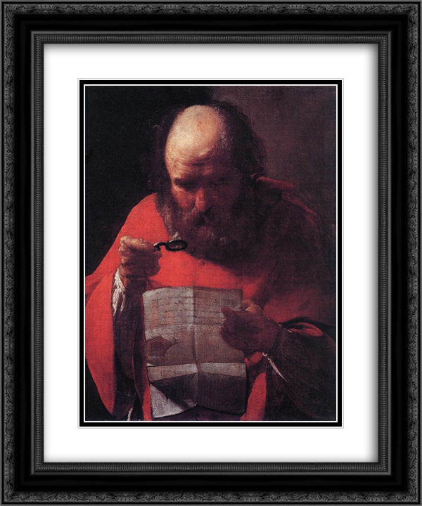 St. Jerome Reading 20x24 Black Ornate Wood Framed Art Print Poster with Double Matting by La Tour, Georges de