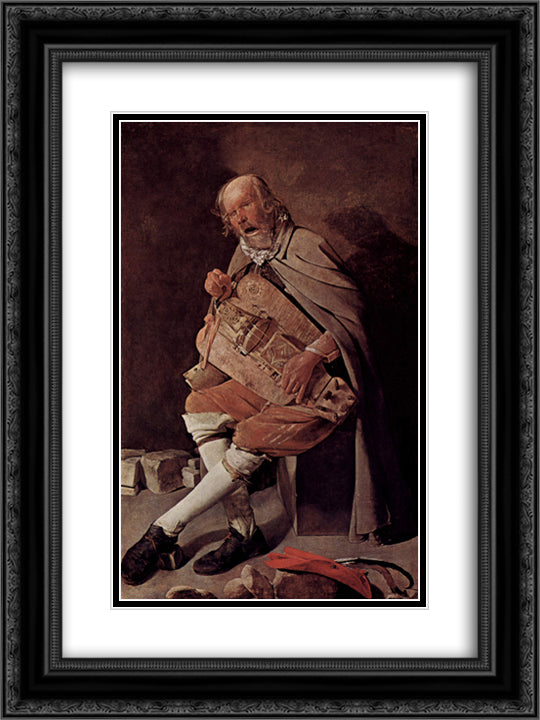 The Hurdy-Gurdy Player, also called Hurdy-Gurdy Player with Hat 18x24 Black Ornate Wood Framed Art Print Poster with Double Matting by La Tour, Georges de