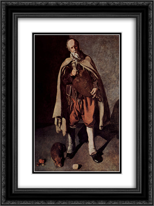 The Hurdy-Gurdy Player with a Dog 18x24 Black Ornate Wood Framed Art Print Poster with Double Matting by La Tour, Georges de