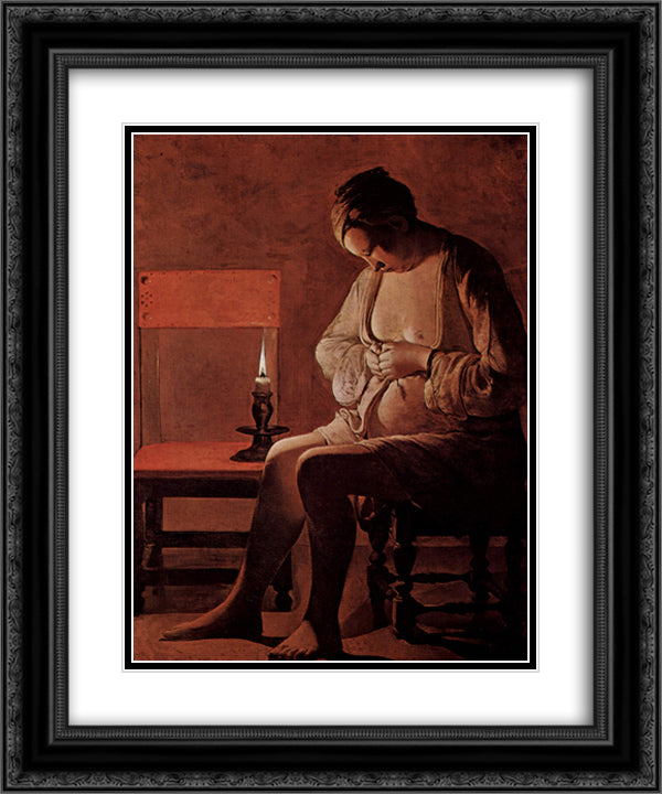 Woman Catching a Flea 20x24 Black Ornate Wood Framed Art Print Poster with Double Matting by La Tour, Georges de