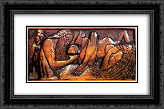 Birth, wooden bed panel 24x16 Black Ornate Wood Framed Art Print Poster with Double Matting by Lacombe, Georges