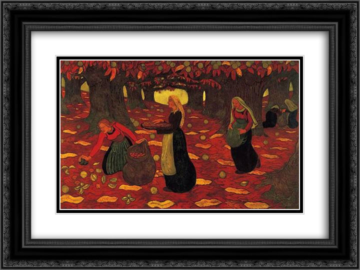 Chestnut Gatherers 24x18 Black Ornate Wood Framed Art Print Poster with Double Matting by Lacombe, Georges