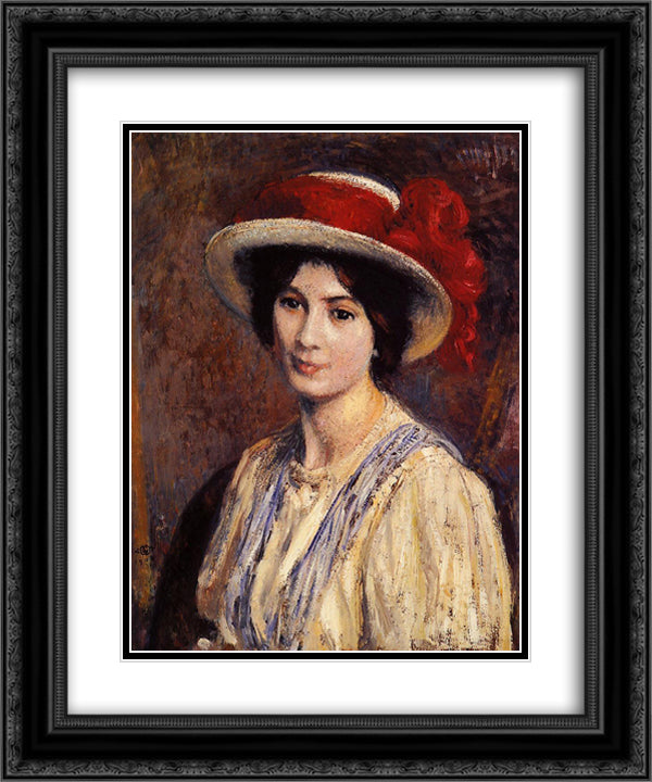 Hat with a Red Ribbon 20x24 Black Ornate Wood Framed Art Print Poster with Double Matting by Lemmen, Georges