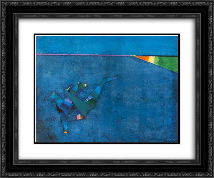 Composition (Blue Background) 24x20 Black Ornate Wood Framed Art Print Poster with Double Matting by Papazoff, Georges
