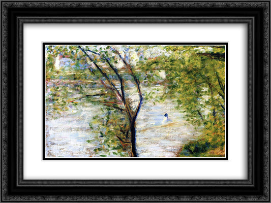 A canoes 24x18 Black Ornate Wood Framed Art Print Poster with Double Matting by Seurat, Georges