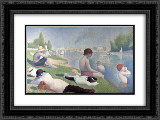 Bathers at Asnieres 24x18 Black Ornate Wood Framed Art Print Poster with Double Matting by Seurat, Georges