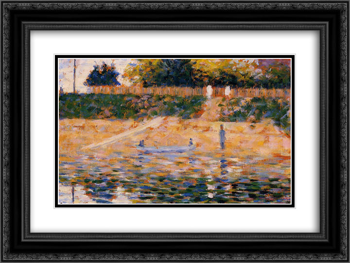 Boats near the Beach at Asnieres 24x18 Black Ornate Wood Framed Art Print Poster with Double Matting by Seurat, Georges