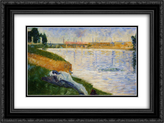 Clothes on the Grass 24x18 Black Ornate Wood Framed Art Print Poster with Double Matting by Seurat, Georges