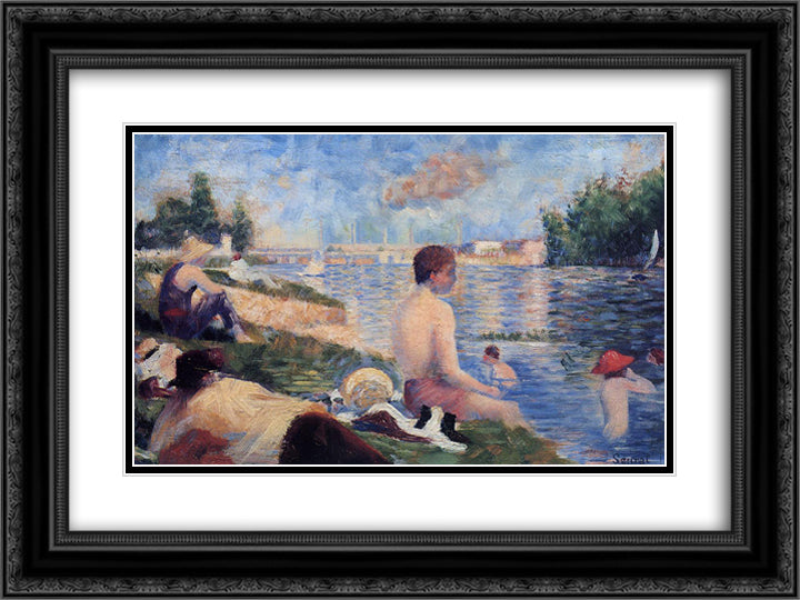 Final Study for Bathing at Asnieres 24x18 Black Ornate Wood Framed Art Print Poster with Double Matting by Seurat, Georges