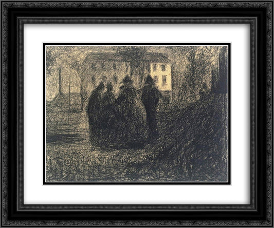 Group of figures in front of a house and some trees 24x20 Black Ornate Wood Framed Art Print Poster with Double Matting by Seurat, Georges