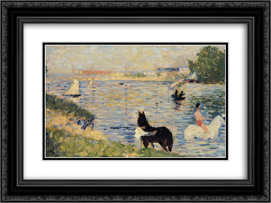 Horses in the Water 24x18 Black Ornate Wood Framed Art Print Poster with Double Matting by Seurat, Georges