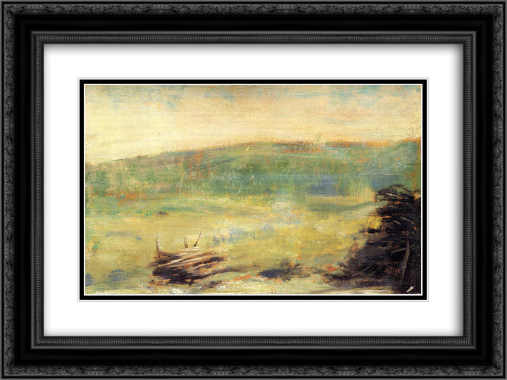 Landscape at Saint-Ouen 24x18 Black Ornate Wood Framed Art Print Poster with Double Matting by Seurat, Georges