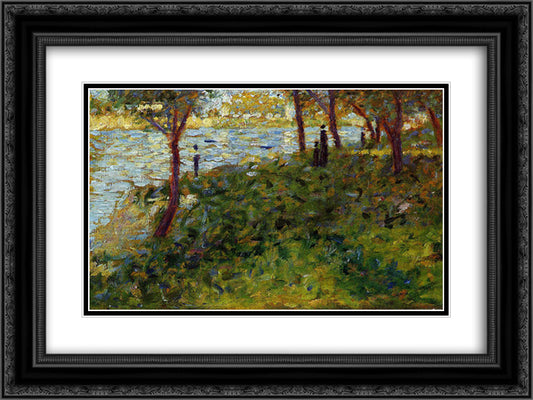 Landscape with Figure. Study for 'La Grande Jatte' 24x18 Black Ornate Wood Framed Art Print Poster with Double Matting by Seurat, Georges