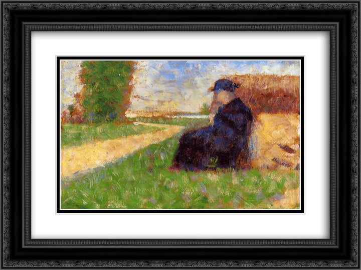 Large Figure in a Landscape 24x18 Black Ornate Wood Framed Art Print Poster with Double Matting by Seurat, Georges