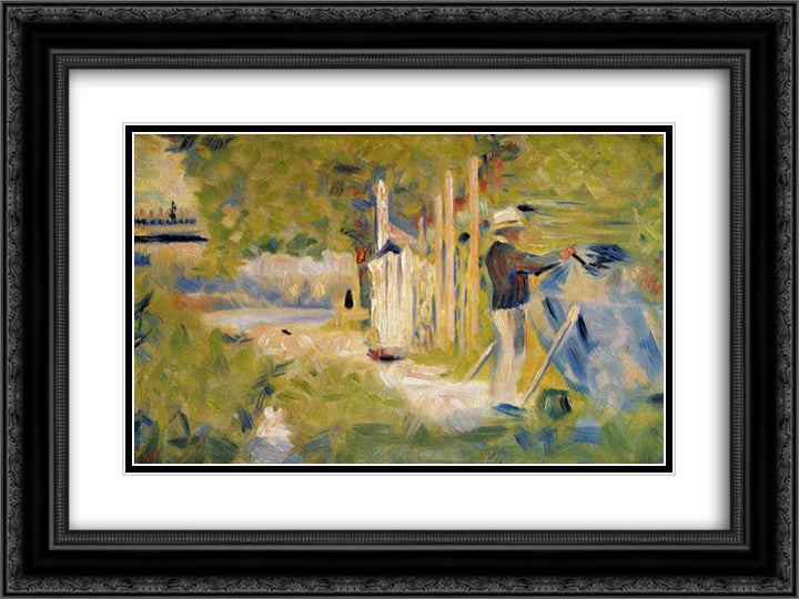 Man Painting his Boat 24x18 Black Ornate Wood Framed Art Print Poster with Double Matting by Seurat, Georges