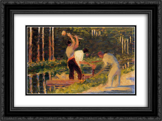 Men Laying Stakes 24x18 Black Ornate Wood Framed Art Print Poster with Double Matting by Seurat, Georges