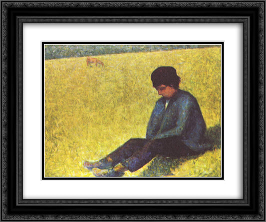 Peasant boy sitting in a meadow 24x20 Black Ornate Wood Framed Art Print Poster with Double Matting by Seurat, Georges