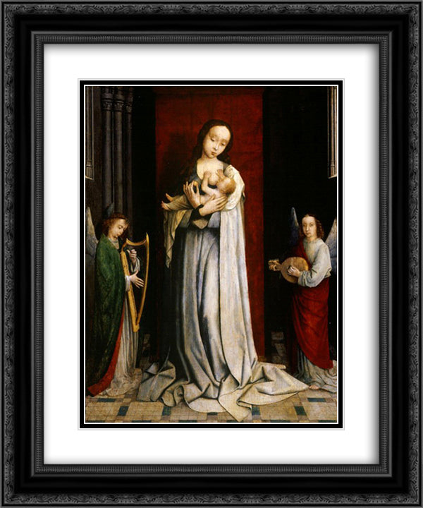 Madonna and Child with Two Music Making Angels 20x24 Black Ornate Wood Framed Art Print Poster with Double Matting by David, Gerard
