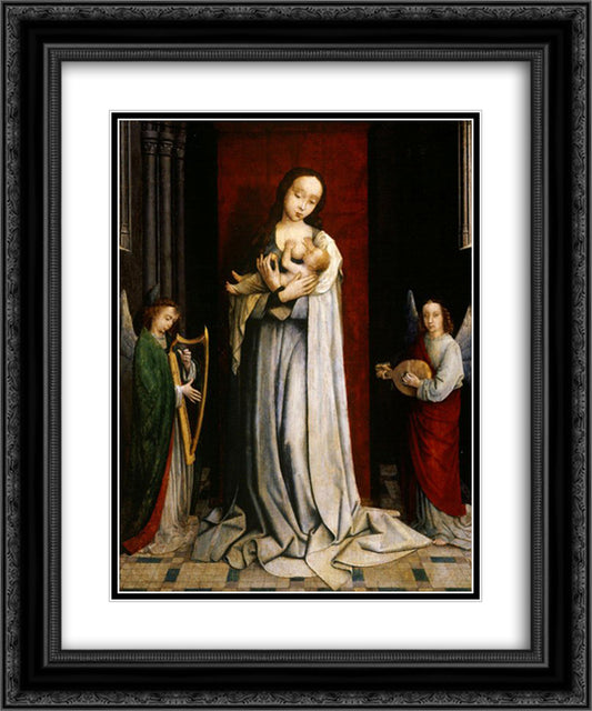 Madonna and Child with Two Music Making Angels 20x24 Black Ornate Wood Framed Art Print Poster with Double Matting by David, Gerard