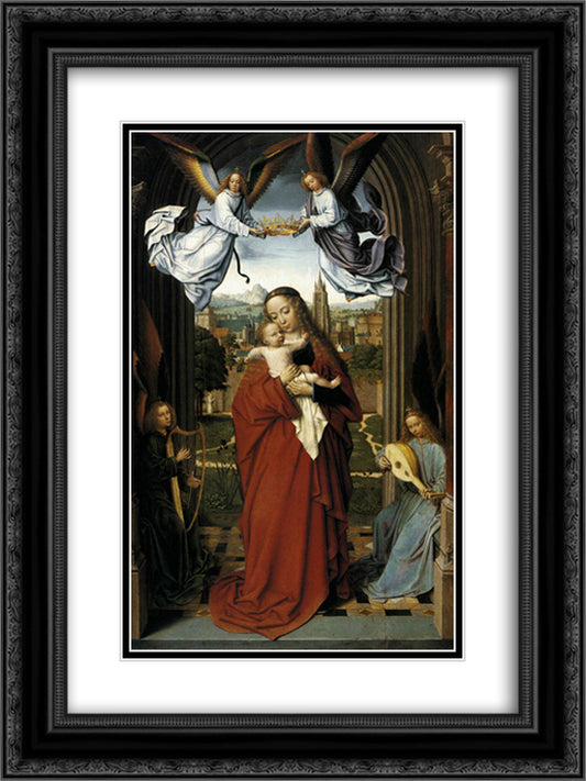 Virgin and Child with Four Angels 18x24 Black Ornate Wood Framed Art Print Poster with Double Matting by David, Gerard