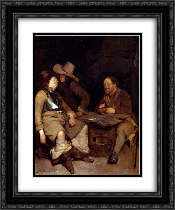 A Guard Room Interior With A Soldier Blowing Smoke In The Face Of His Sleeping Companion 20x24 Black Ornate Wood Framed Art Print Poster with Double Matting by Terborch, Gerard